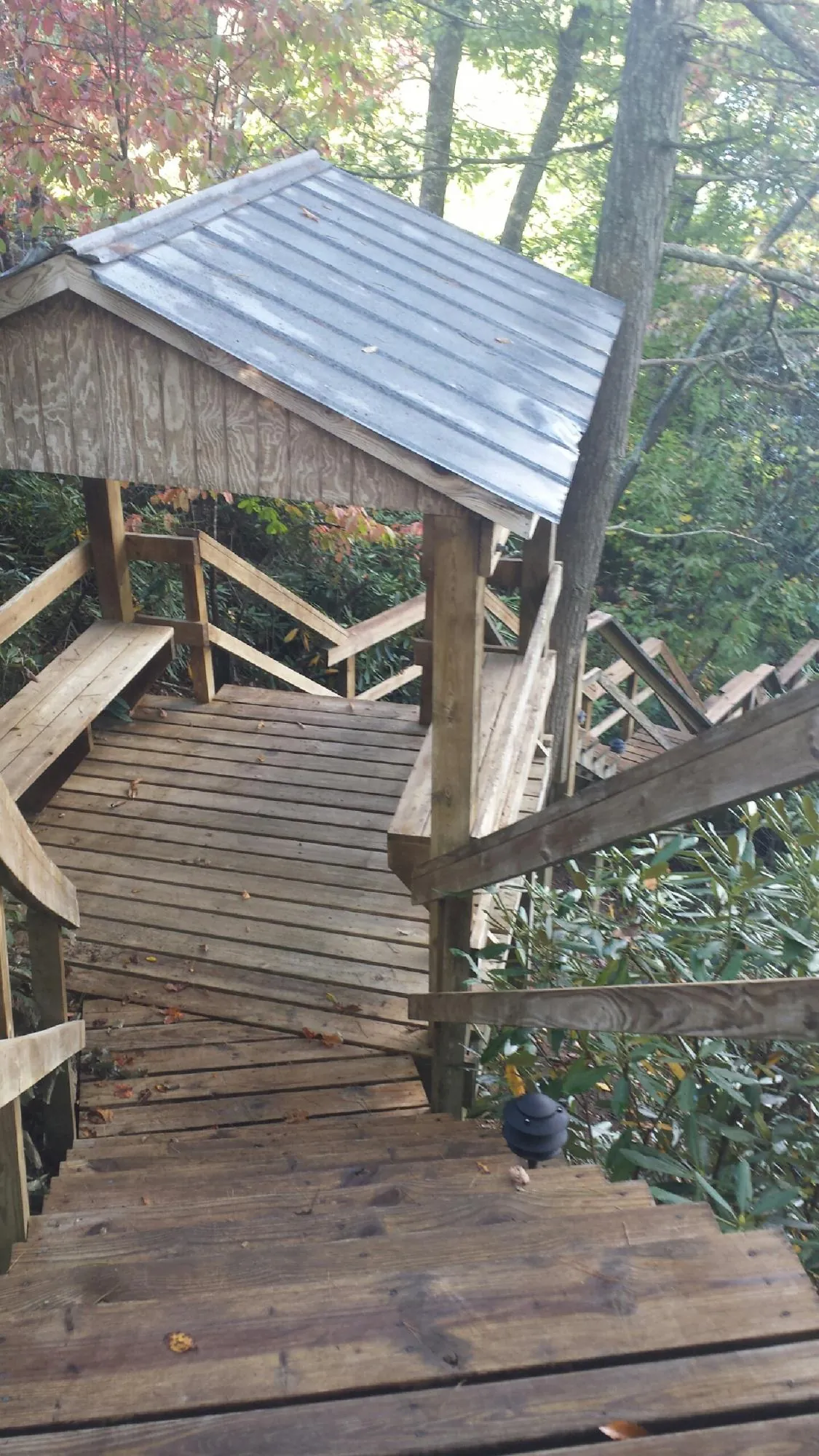 Metal roofed shelter over wooden steps on a wooded walkway — Skylight Repair & Installation work by our crew in Saint Marys City